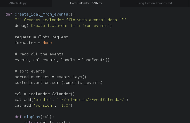 A screenshot of the code, with the function definition for creating the ical file from events from the macro