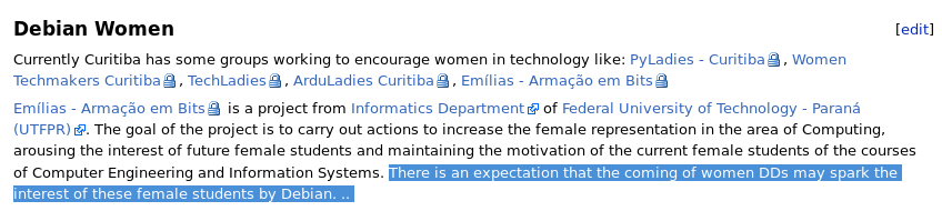 A screenshot of the proposal made by the Brazilian community for DebConf19. Even though it lists a lot of women in tech groups, the all-male organizing team says "There is an expectation that the coming of women DDs may spark the interest of these female students by Debian."