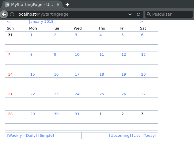 Mozilla Firefox screenshot showing MoinMoin wiki with the EventCalendar plugin working and displaying a calendar for January 2018