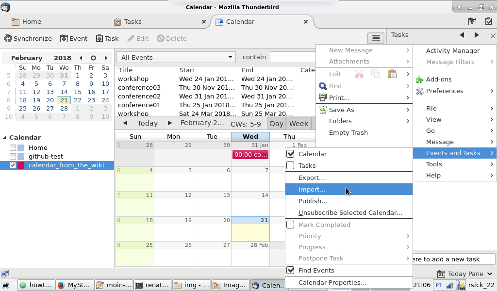 Thunderbird screenshot, with the menus "Events and Tasks" and "Import" selected