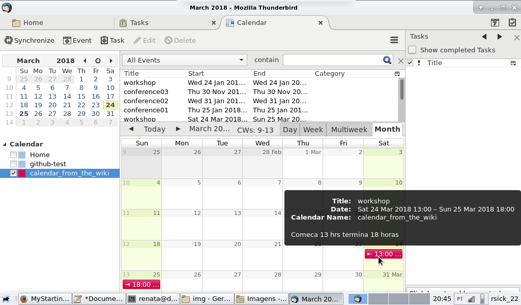 Thunderbird screenshot, showing the new calendar with it's events