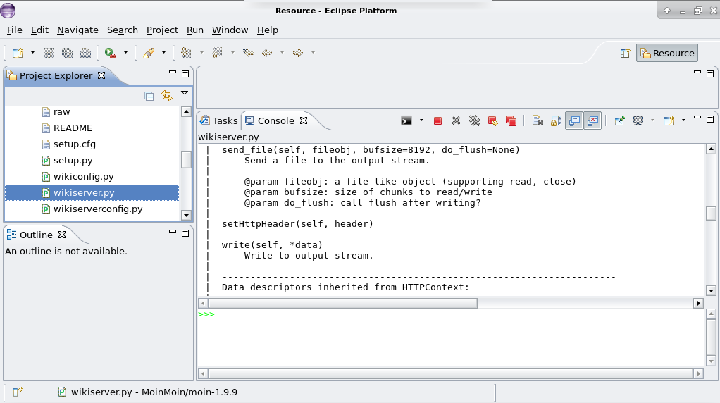 Eclipse IDE running the wikiserver.py from MoinMoin and showing the debug output in a terminal