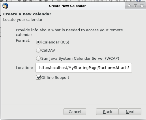 Thunderbird screenshot, showing the new calendar dialog and the ical URL pasted into the "location" textboxd